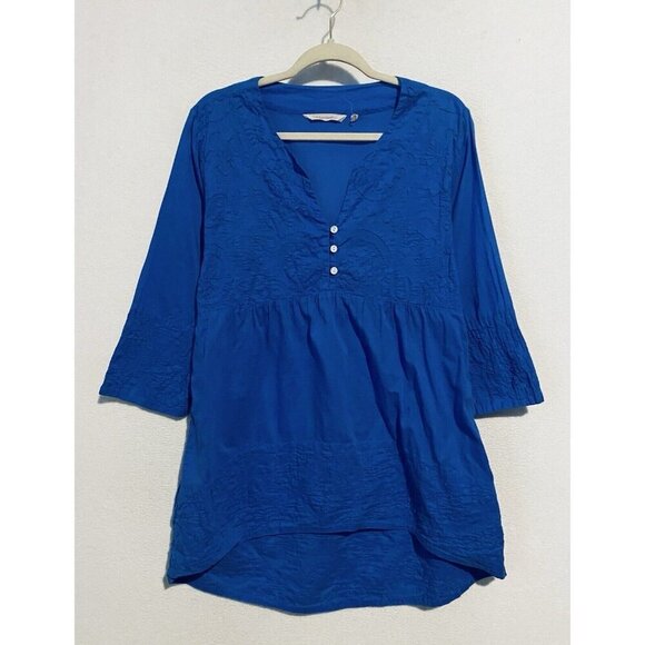 Soft Surroundings Top Womens Large Bright Blue Floral Textured Babydoll Boho - Picture 1 of 7